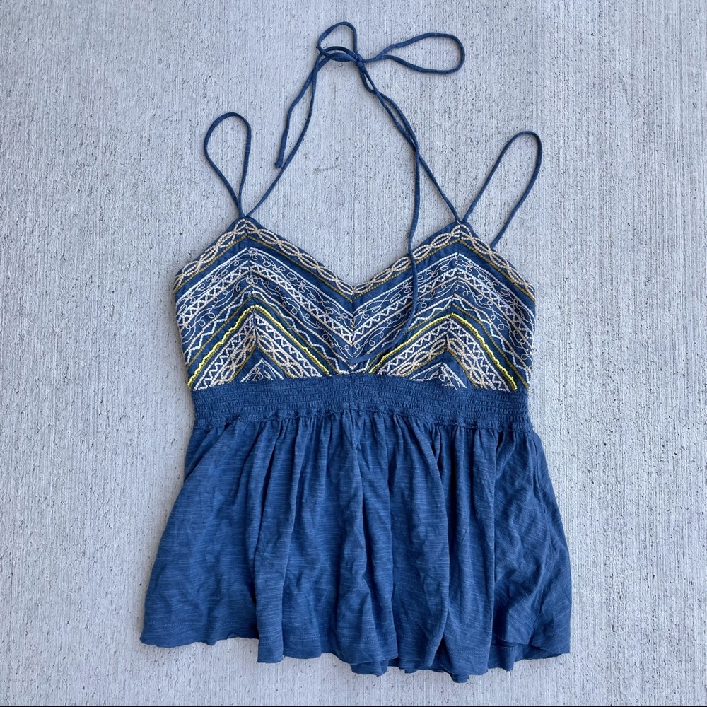 Free People Blue Embroidered Beaded Halter Tank Top Cotton Linen Women’s L